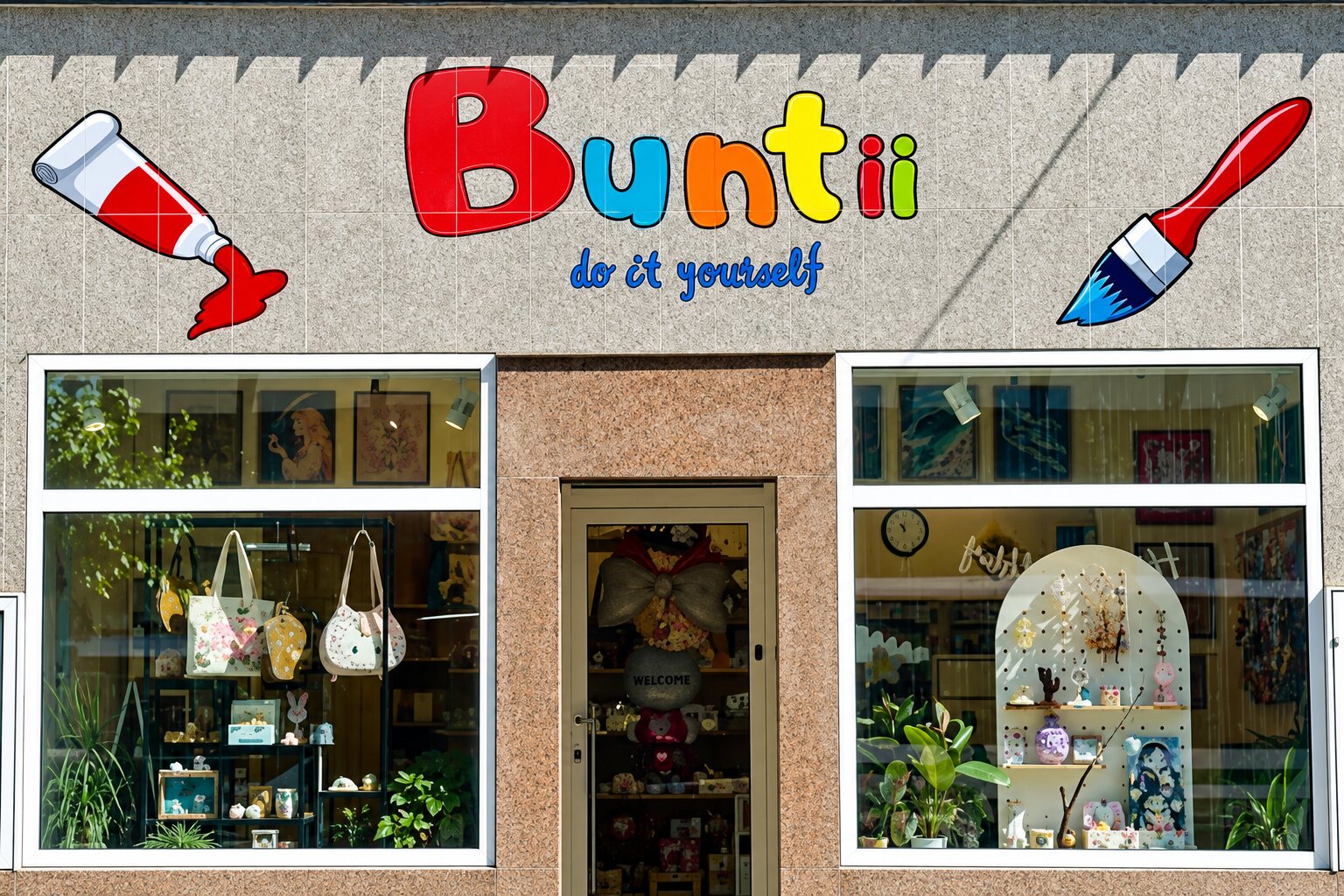 Ladenfront von Buntii DIY mit großem Regenbogen-Schriftzug, Farbtube und Pinsel über zwei Schaufenstern.